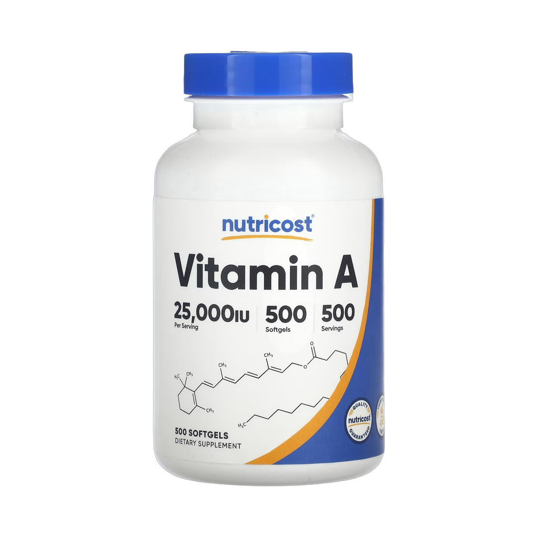 Nutricost, Vitamin A, 25,000 IU, 500 Softgels front packaging view