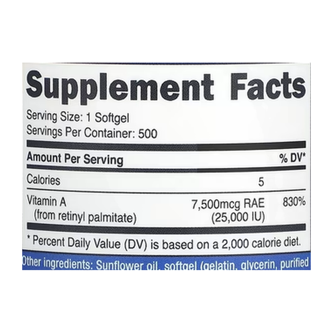 Nutricost, Vitamin A, 25,000 IU, 500 Softgels supplement facts label showing ingredients, vitamins, minerals, and serving information