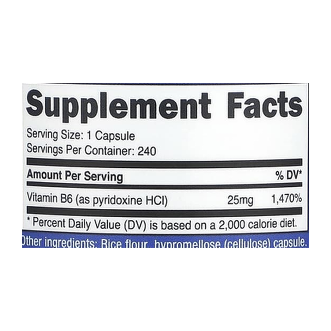 Nutricost, Vitamin B6, Pyridoxine HCl, 25 mg, 240 Capsules supplement facts label showing ingredients, vitamins, minerals, and serving information