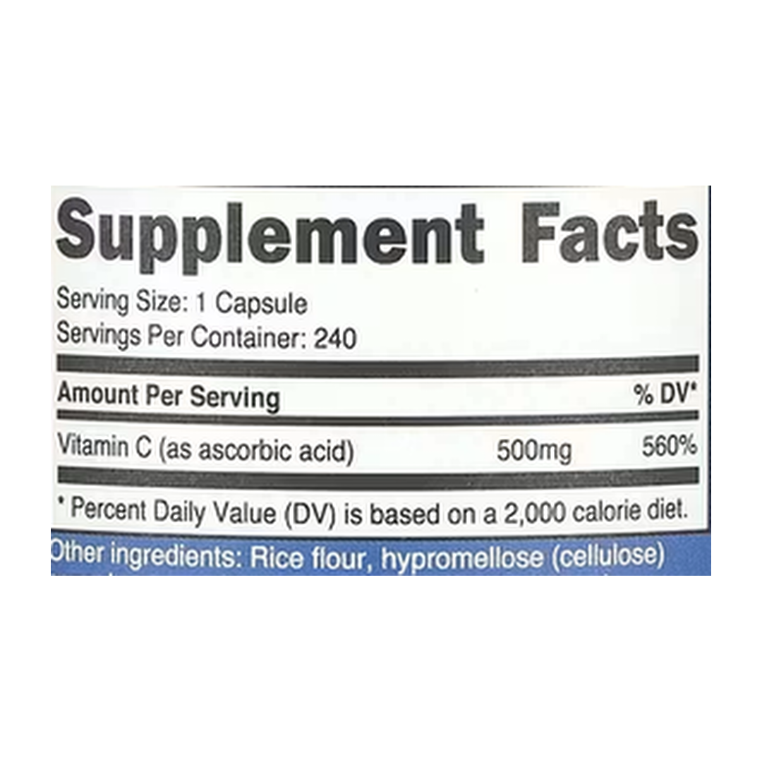 Nutricost, Vitamin C, 500 mg, 240 Capsules supplement facts label showing ingredients, vitamins, minerals, and serving information