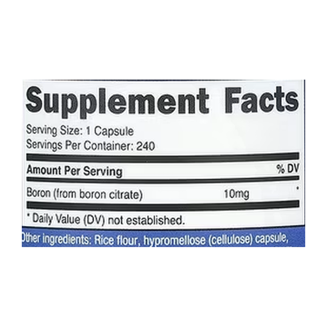Nutricost, Boron, 10 mg , 240 Capsules supplement facts label showing ingredients, vitamins, minerals, and serving information