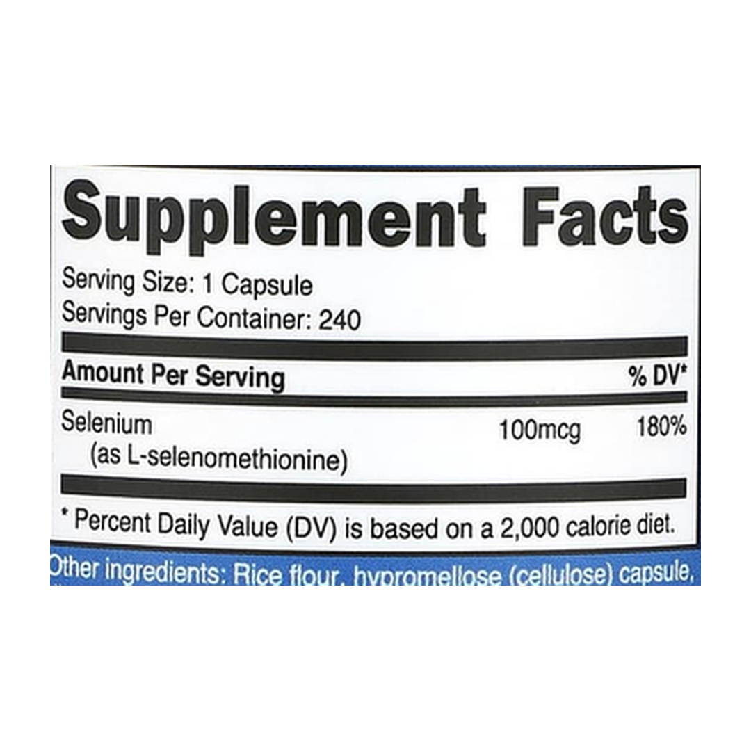 Nutricost, Selenium, 100 mcg, 240 Capsules supplement facts label showing ingredients, vitamins, minerals, and serving information