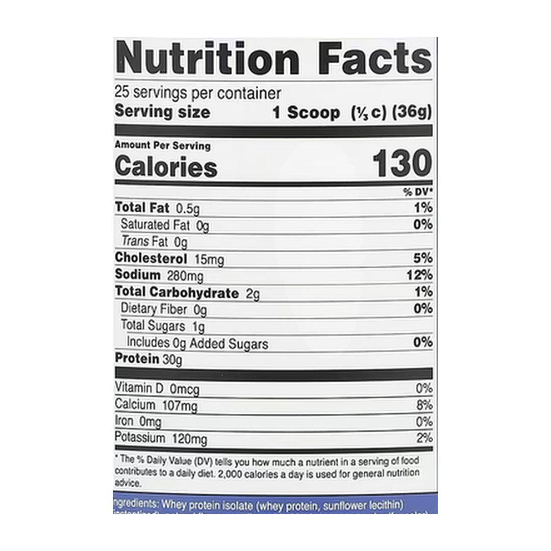 Nutricost, Whey Protein Isolate, Strawberry Acai , 2 lb, 907 g supplement facts label showing ingredients, vitamins, minerals, and serving information