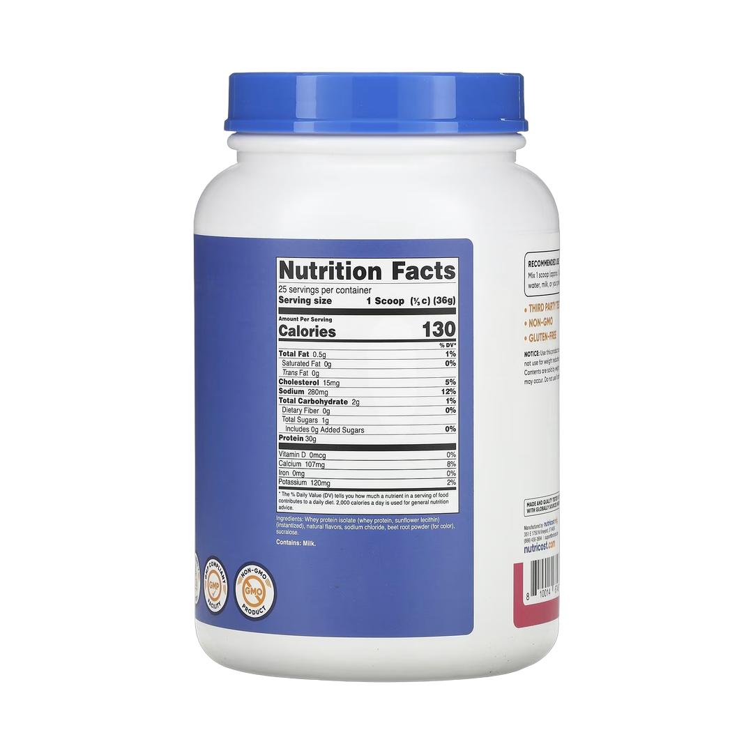 Nutricost, Whey Protein Isolate, Strawberry Acai , 2 lb, 907 g back packaging view