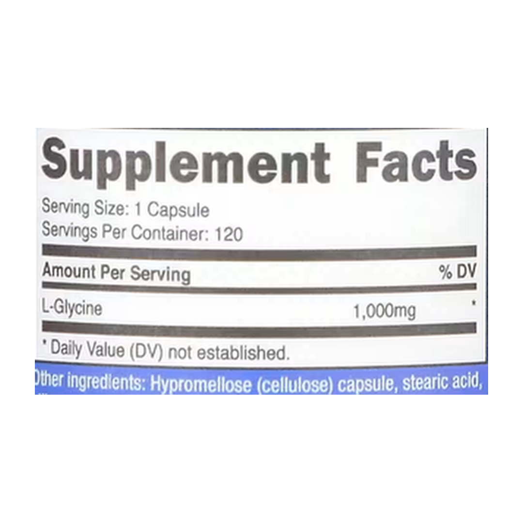 Nutricost, L-Glycine, 1,000 mg, 120 Capsules supplement facts label showing ingredients, vitamins, minerals, and serving information