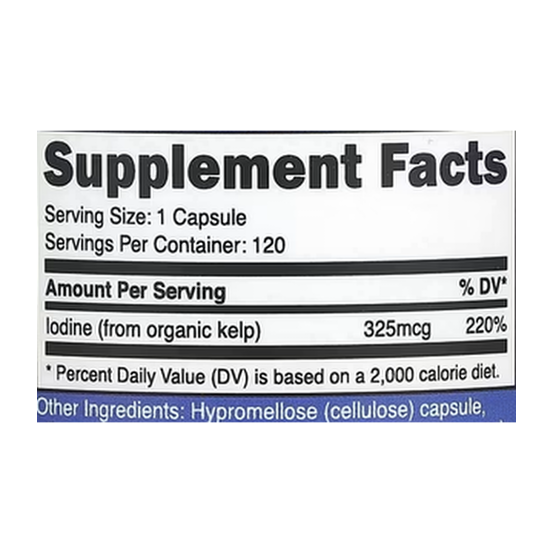 Nutricost, Kelp, 325 mg, 120 Capsules supplement facts label showing ingredients, vitamins, minerals, and serving information
