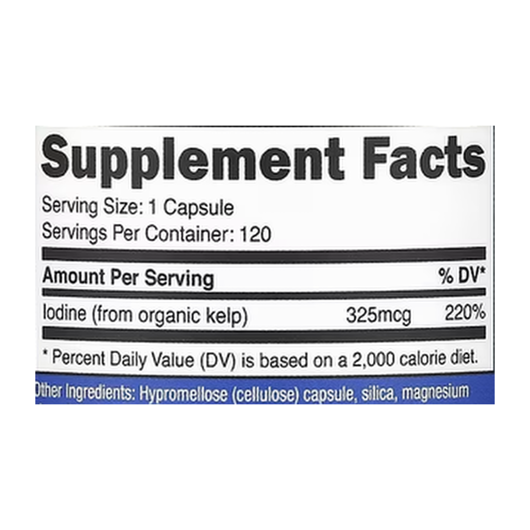 Nutricost, Iodine, 325 mcg, 120 Capsules supplement facts label showing ingredients, vitamins, minerals, and serving information