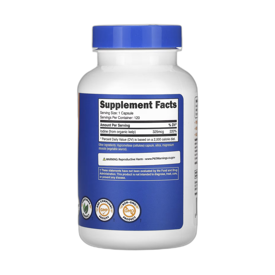 Nutricost, Iodine, 325 mcg, 120 Capsules back packaging view
