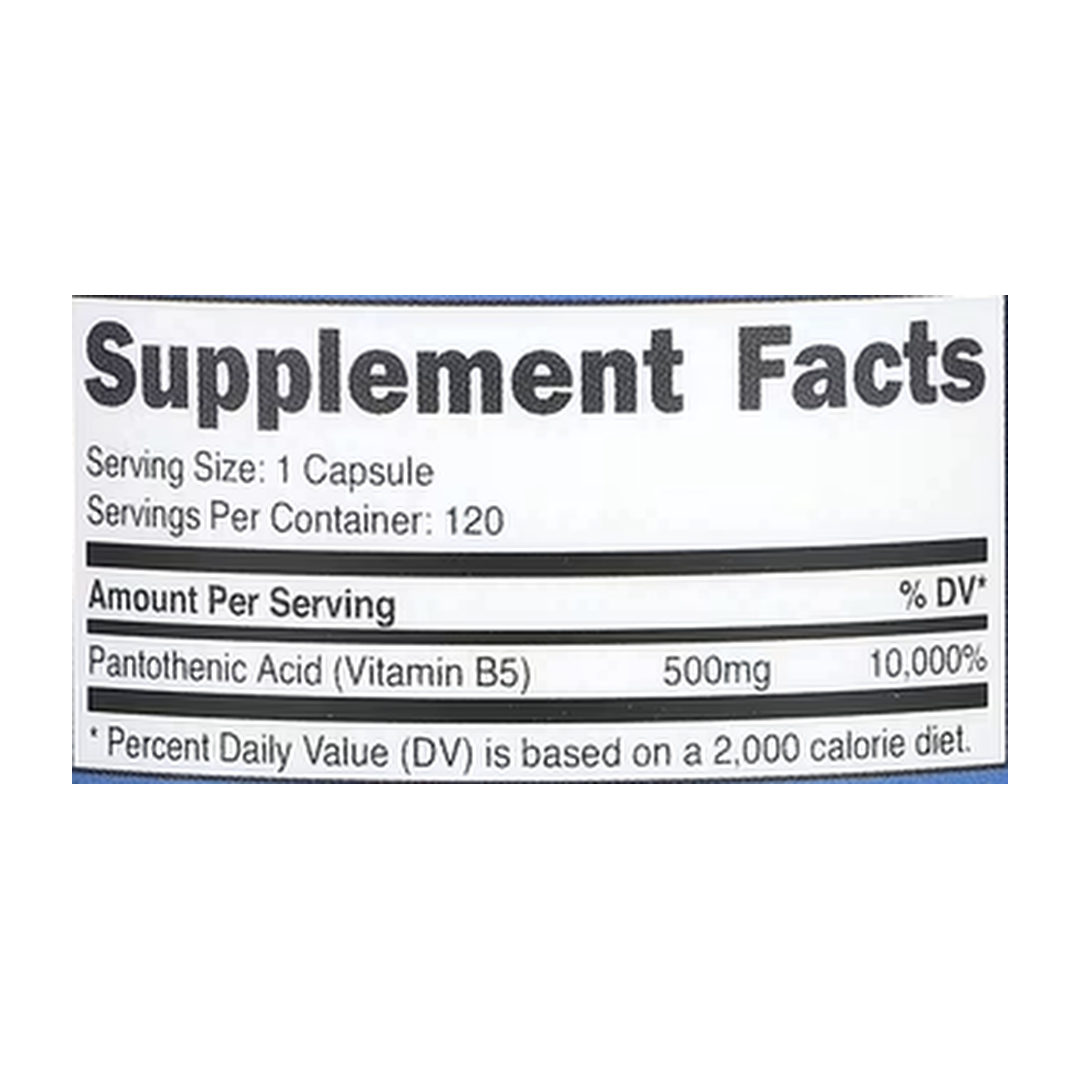 Nutricost, Vitamin B5, 500 mg, 120 Capsules supplement facts label showing ingredients, vitamins, minerals, and serving information