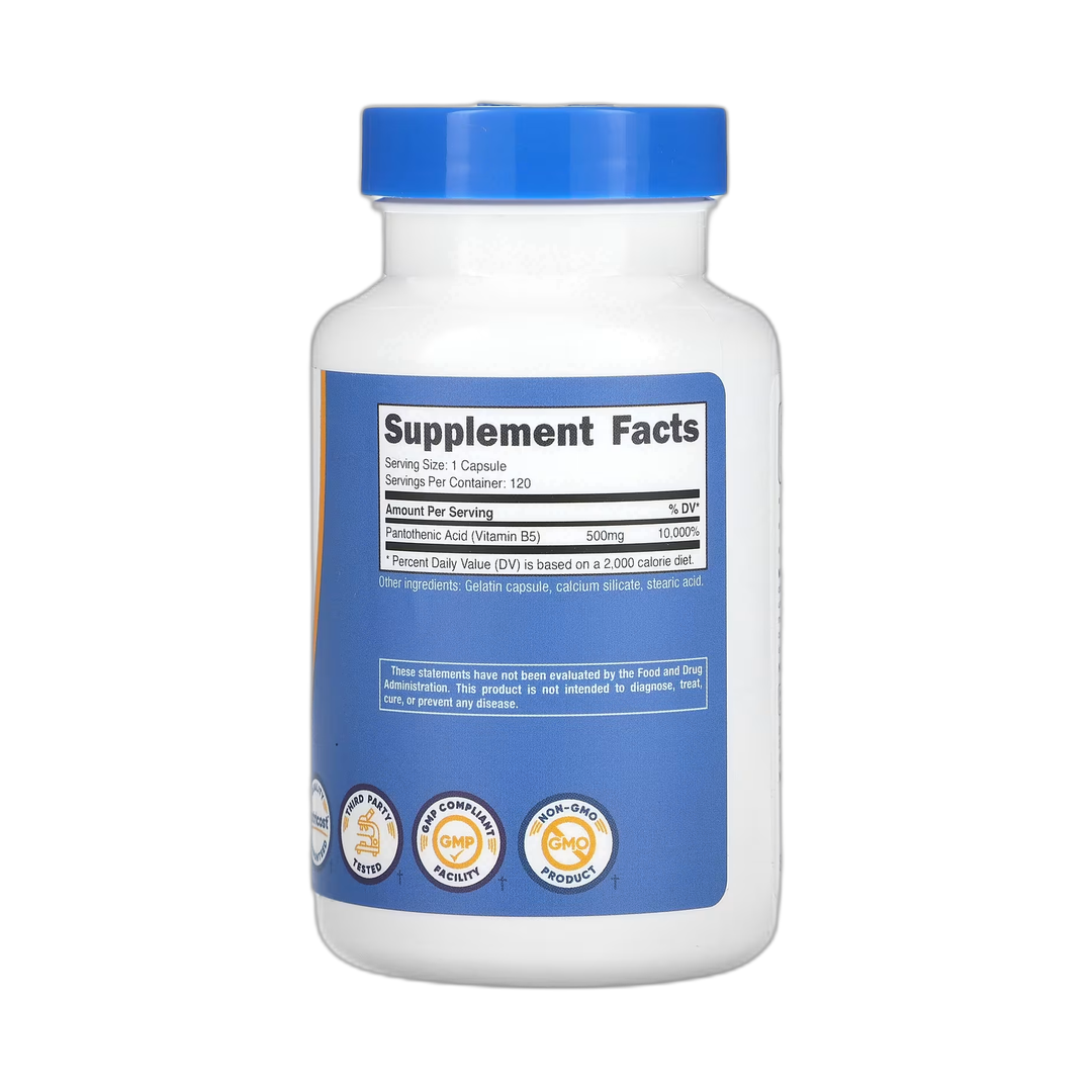 Nutricost, Vitamin B5, 500 mg, 120 Capsules back packaging view