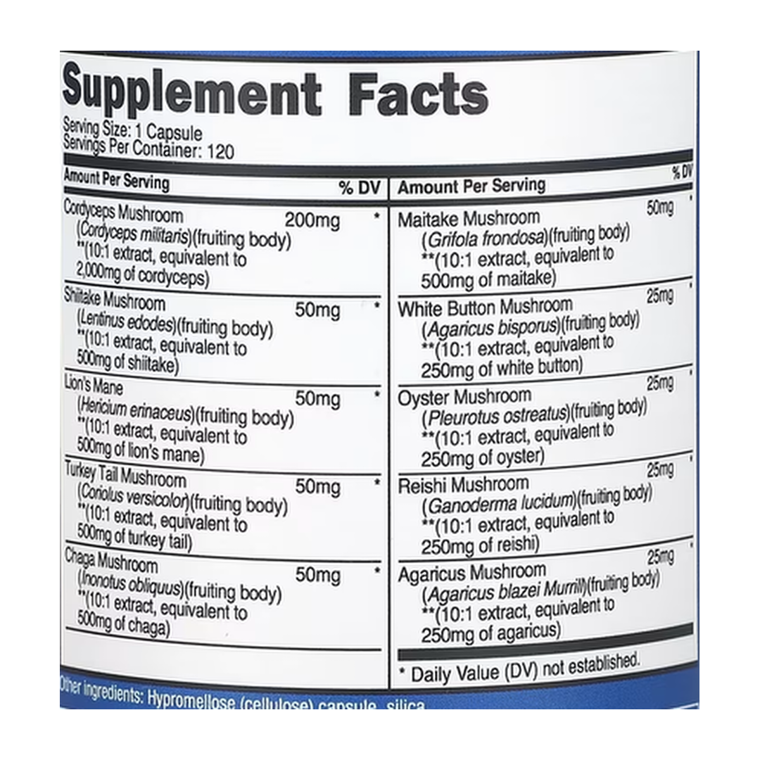 Nutricost, Mushroom Complex, 5,500 mg, 120 Capsules supplement facts label showing ingredients, vitamins, minerals, and serving information
