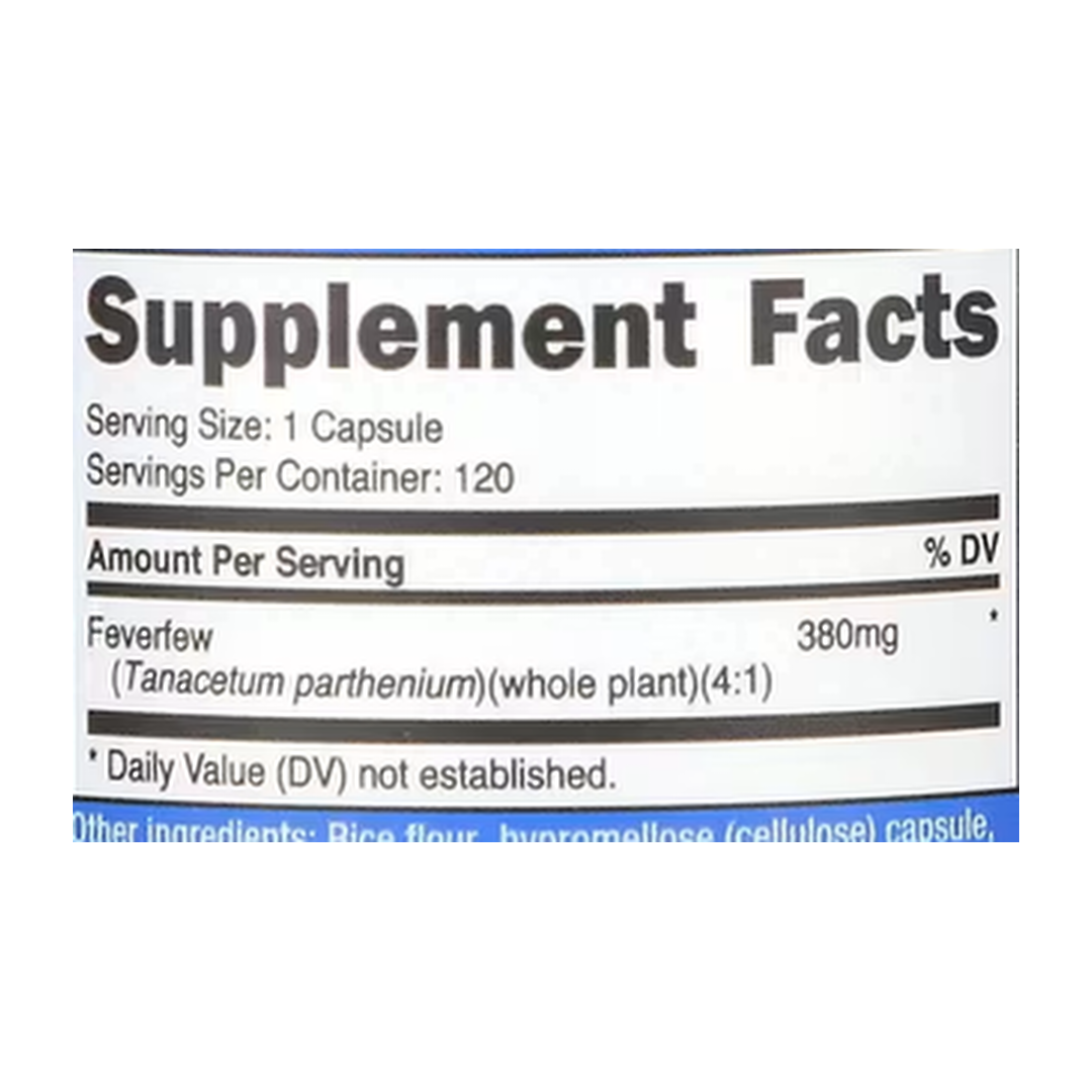 Nutricost, Feverfew, 380 mg, 120 Capsules supplement facts label showing ingredients, vitamins, minerals, and serving information