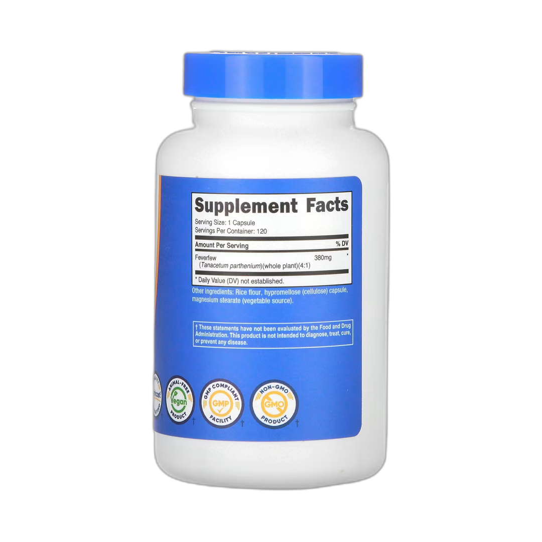 Nutricost, Feverfew, 380 mg, 120 Capsules back packaging view