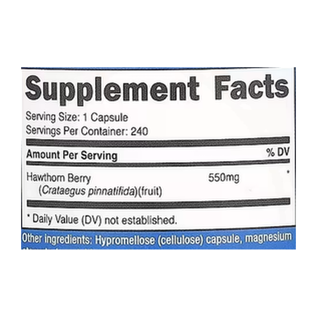 Nutricost, Hawthorn Berry, 550 mg, 240 Capsules supplement facts label showing ingredients, vitamins, minerals, and serving information