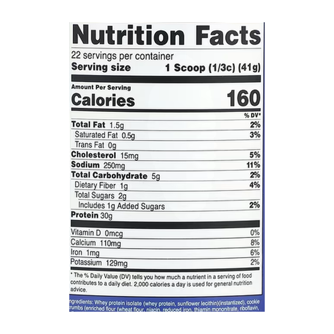 Nutricost, Whey Protein Isolate, Cookies N Cream, 2 lb, 907 g supplement facts label showing ingredients, vitamins, minerals, and serving information