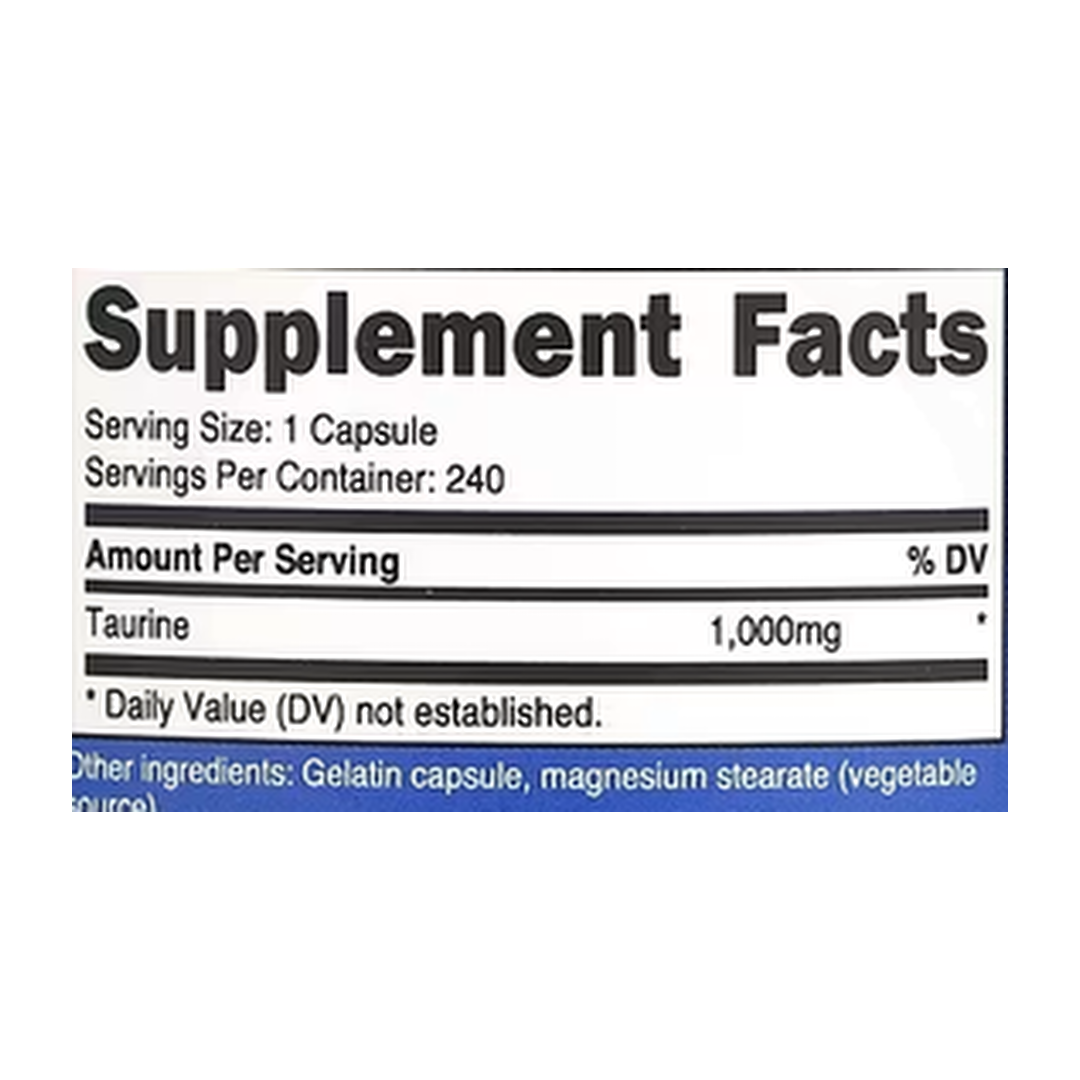 Nutricost, Taurine, 1,000 mg, 240 Capsules supplement facts label showing ingredients, vitamins, minerals, and serving information
