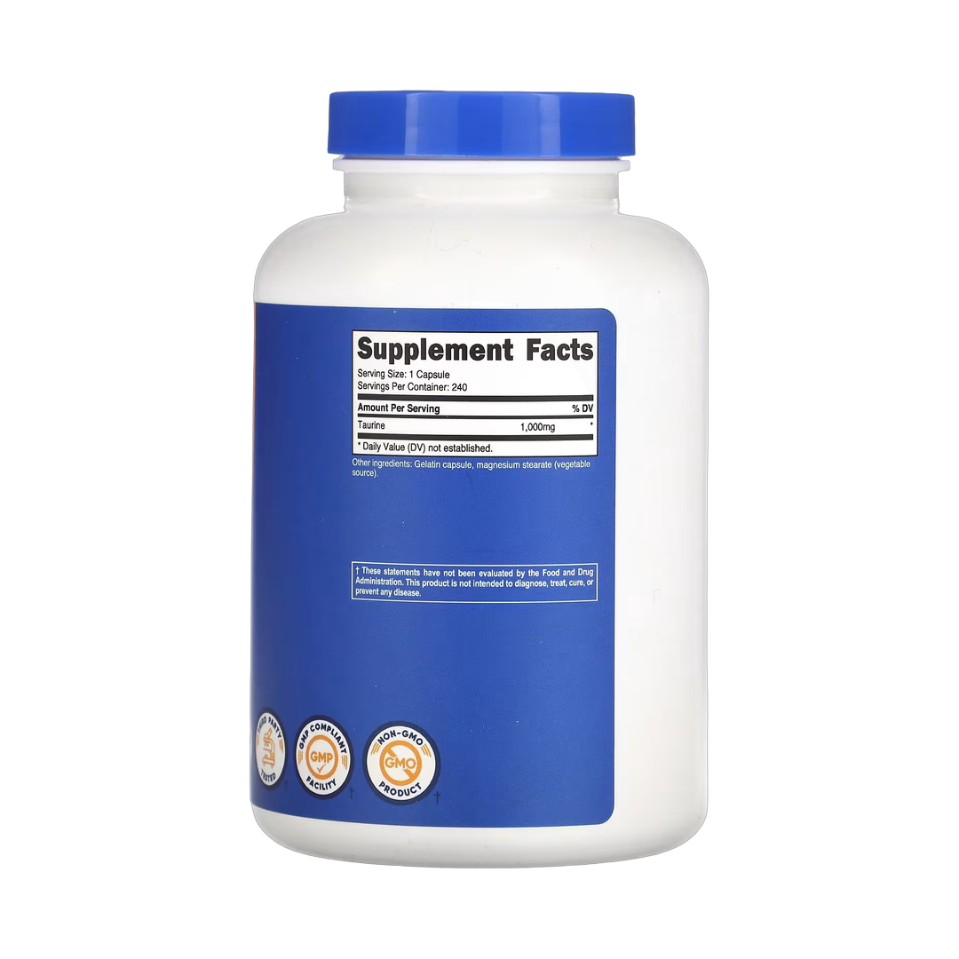 Nutricost, Taurine, 1,000 mg, 240 Capsules back packaging view
