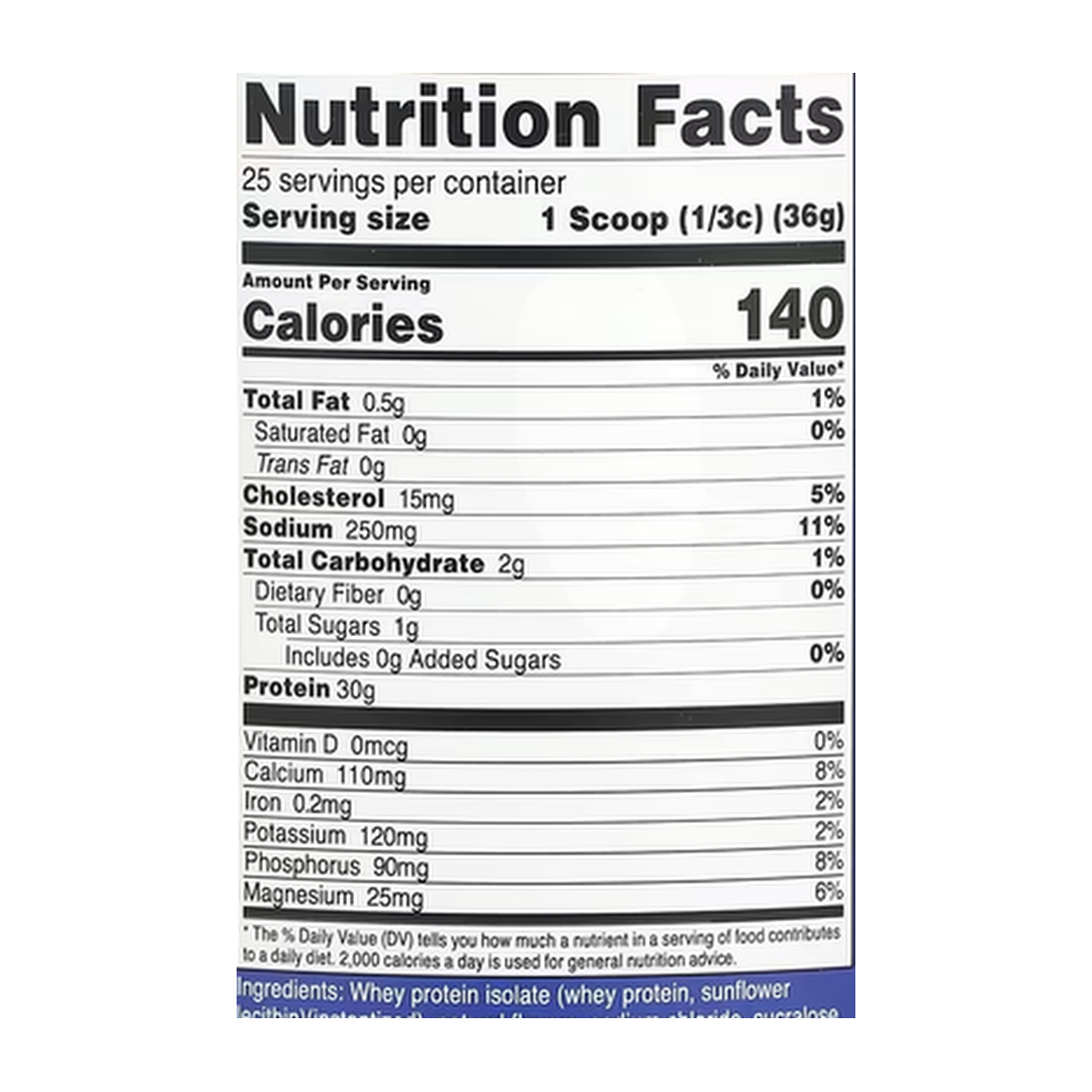Nutricost, Whey Protein Isolate, Cake Batter, 2 lb, 907 g supplement facts label showing ingredients, vitamins, minerals, and serving information