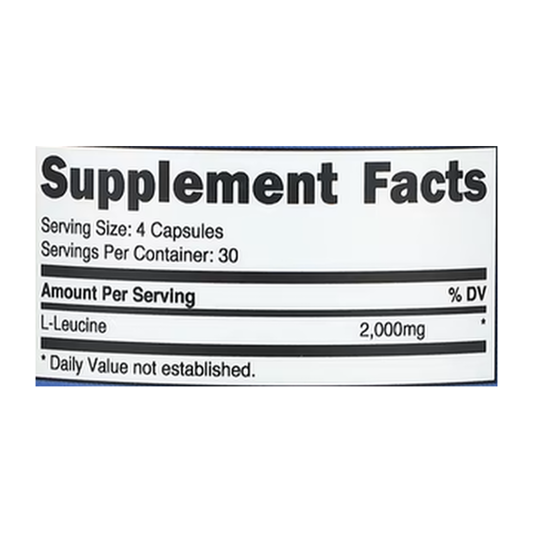 Nutricost, L-Leucine, 120 Capsules supplement facts label showing ingredients, vitamins, minerals, and serving information