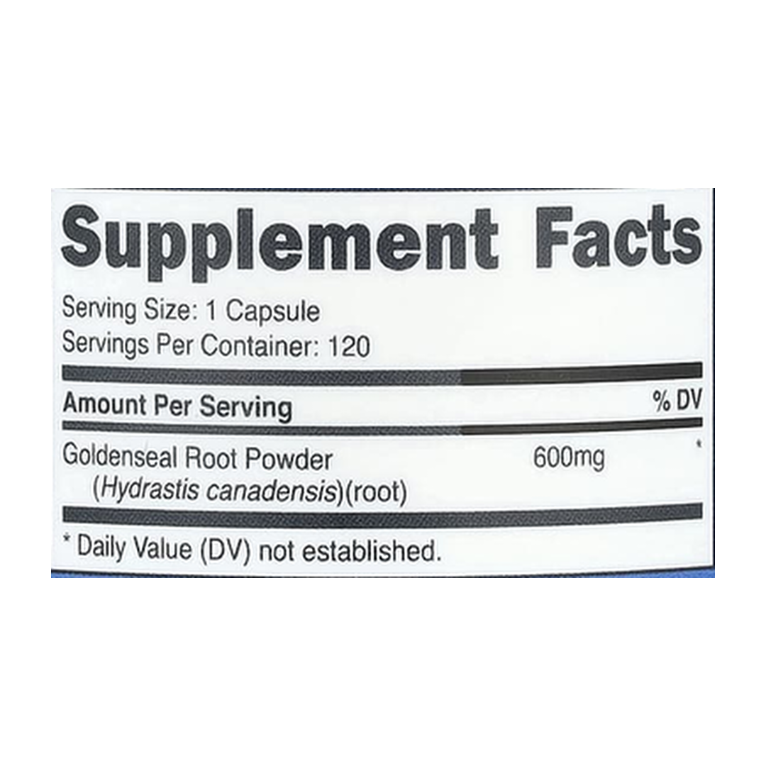 Nutricost, Goldenseal Root, 600 mg, 120 Capsules supplement facts label showing ingredients, vitamins, minerals, and serving information