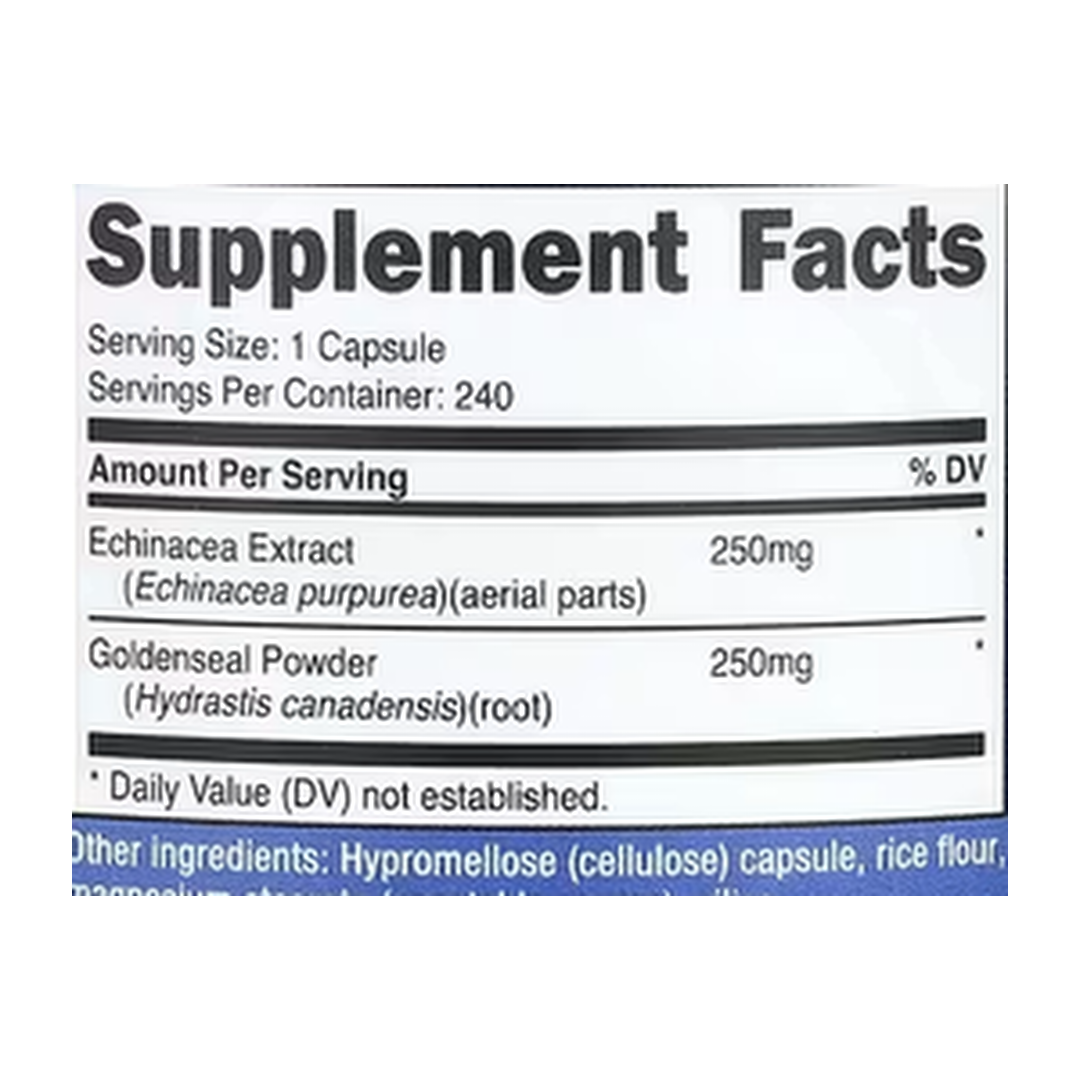 Nutricost, Echinacea & Goldenseal Root, 500 mg, 240 Capsules supplement facts label showing ingredients, vitamins, minerals, and serving information