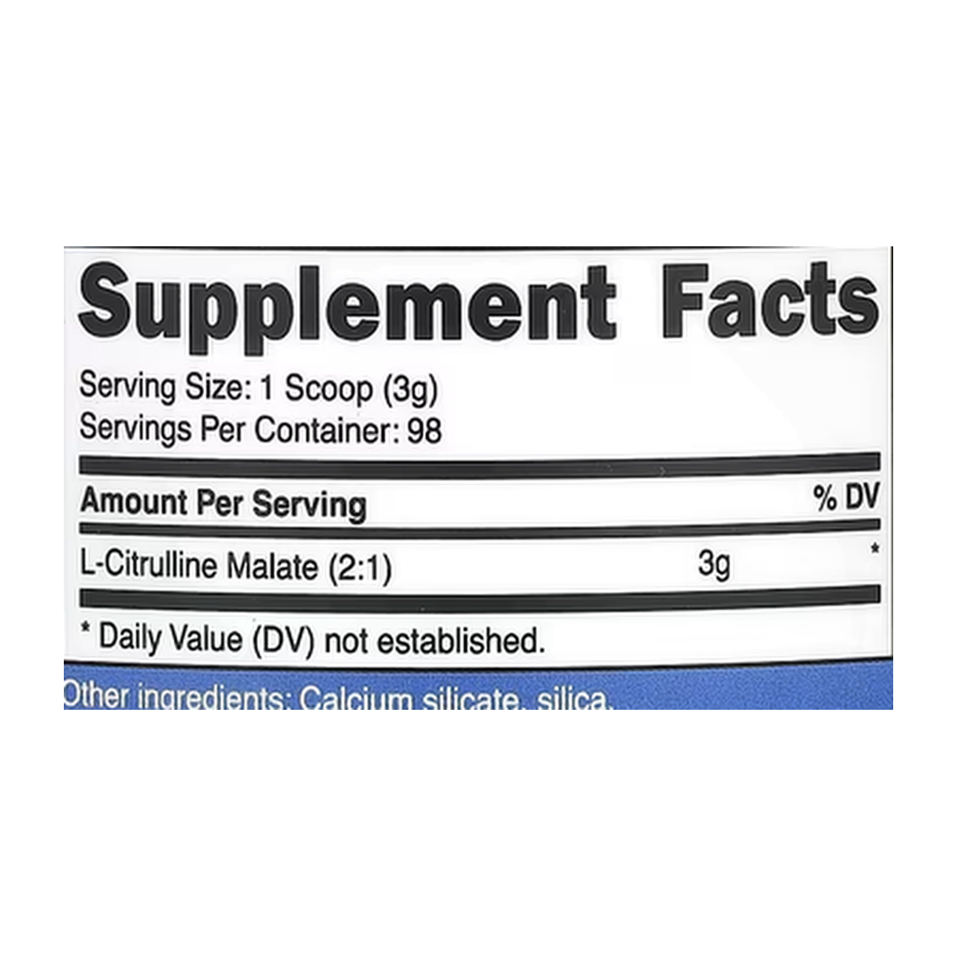 Nutricost, L-Citrulline Malate 2:1, Unflavored, 10.7 oz, 300 g supplement facts label showing ingredients, vitamins, minerals, and serving information