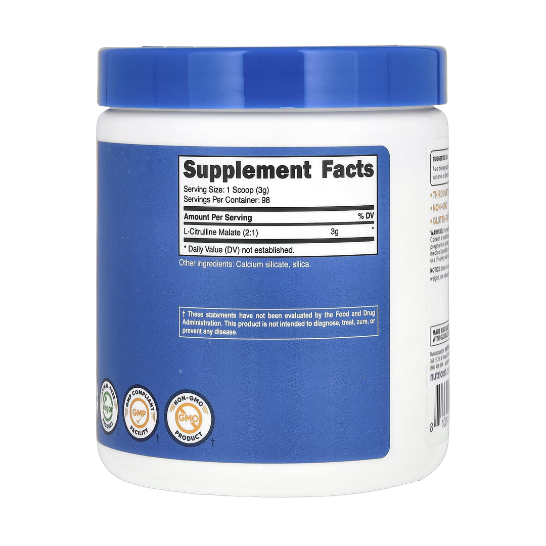 Nutricost, L-Citrulline Malate 2:1, Unflavored, 10.7 oz, 300 g back packaging view