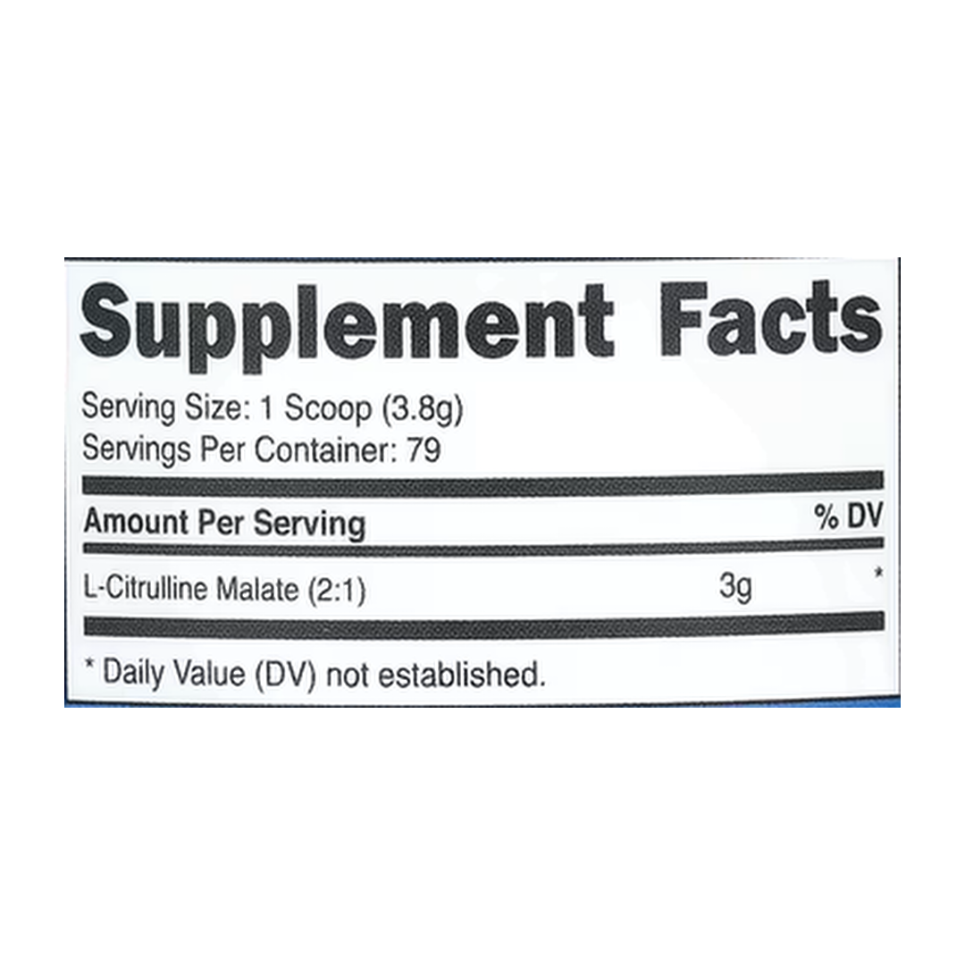 Nutricost, L-Citrulline Malate 2:1, Blue Raspberry, 10.7 oz, 300 g supplement facts label showing ingredients, vitamins, minerals, and serving information