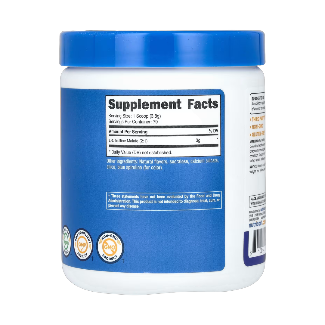 Nutricost, L-Citrulline Malate 2:1, Blue Raspberry, 10.7 oz, 300 g back packaging view