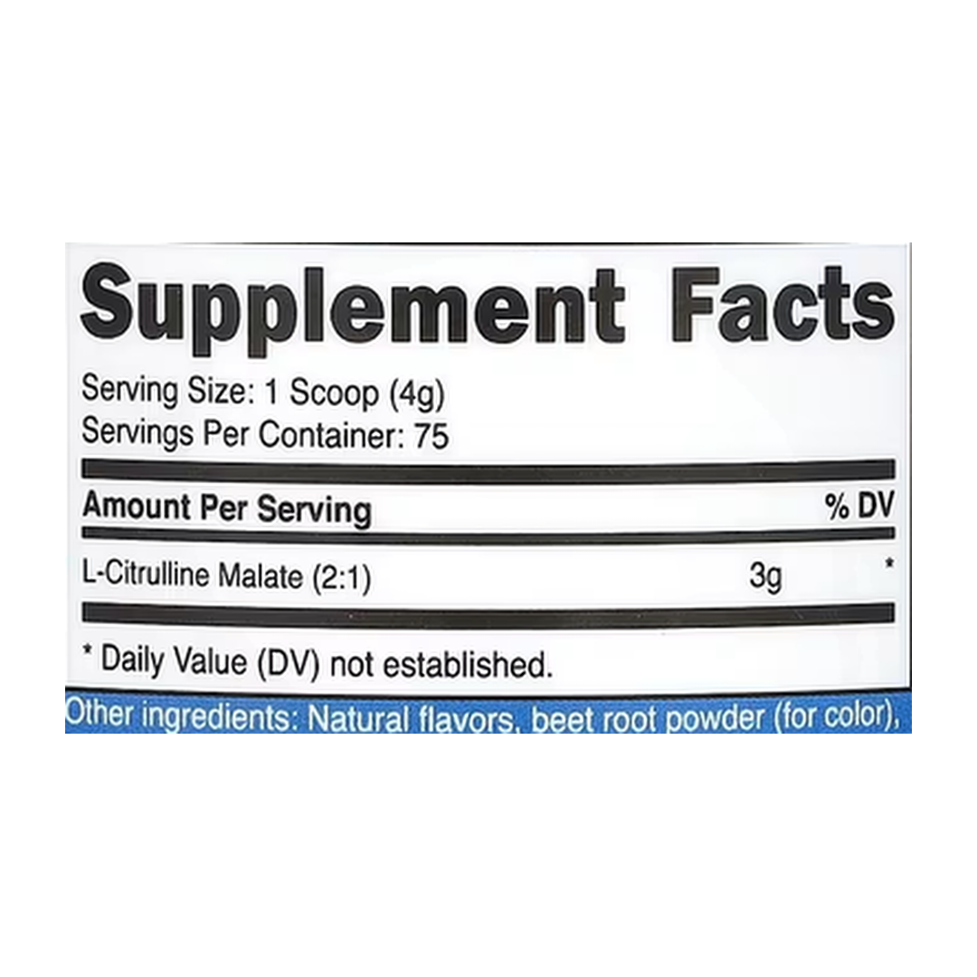 Nutricost, L-Citrulline Malate 2:1, Strawberry Kiwi , 10.7 oz, 300 g supplement facts label showing ingredients, vitamins, minerals, and serving information