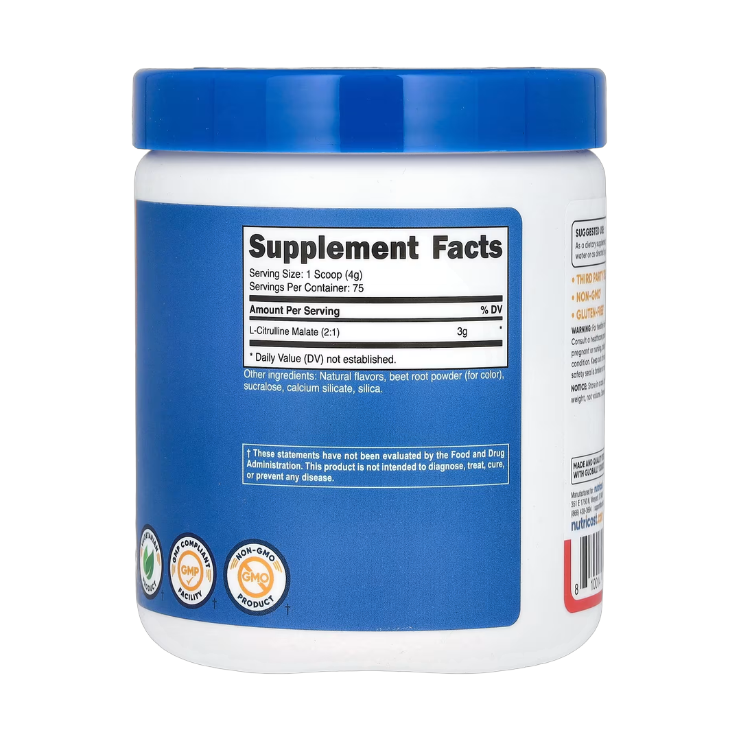 Nutricost, L-Citrulline Malate 2:1, Strawberry Kiwi , 10.7 oz, 300 g back packaging view