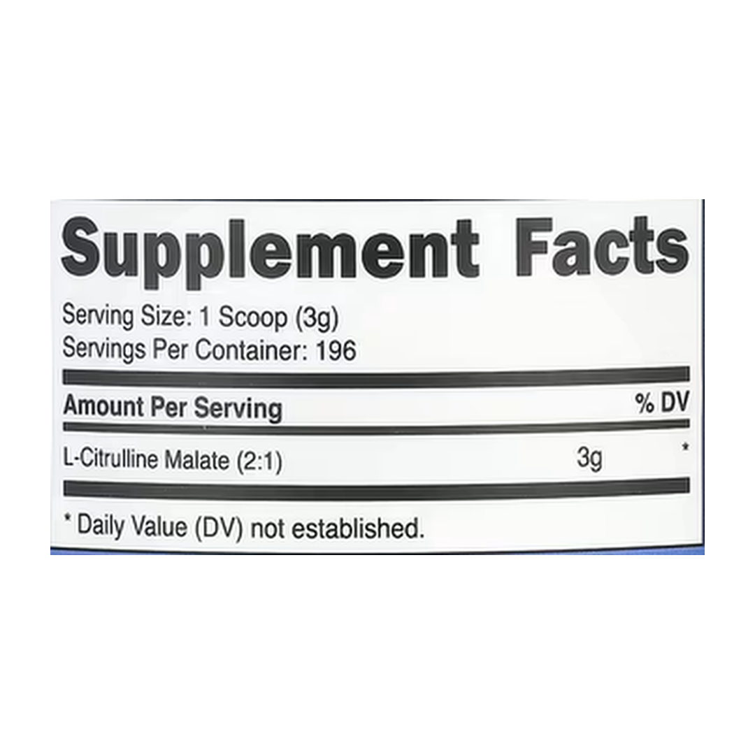 Nutricost, L-Citrulline Malate 2:1, Unflavored, 21.4 oz, 600 g supplement facts label showing ingredients, vitamins, minerals, and serving information