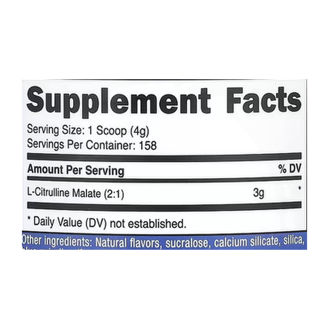 Nutricost, L-Citrulline Malate 2:1, Blue Raspberry, 21.4 oz, 600 g supplement facts label showing ingredients, vitamins, minerals, and serving information