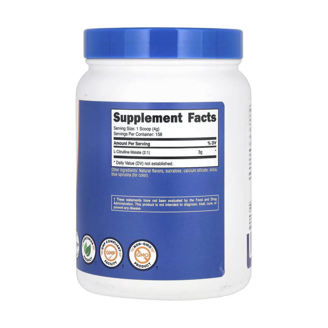 Nutricost, L-Citrulline Malate 2:1, Blue Raspberry, 21.4 oz, 600 g back packaging view