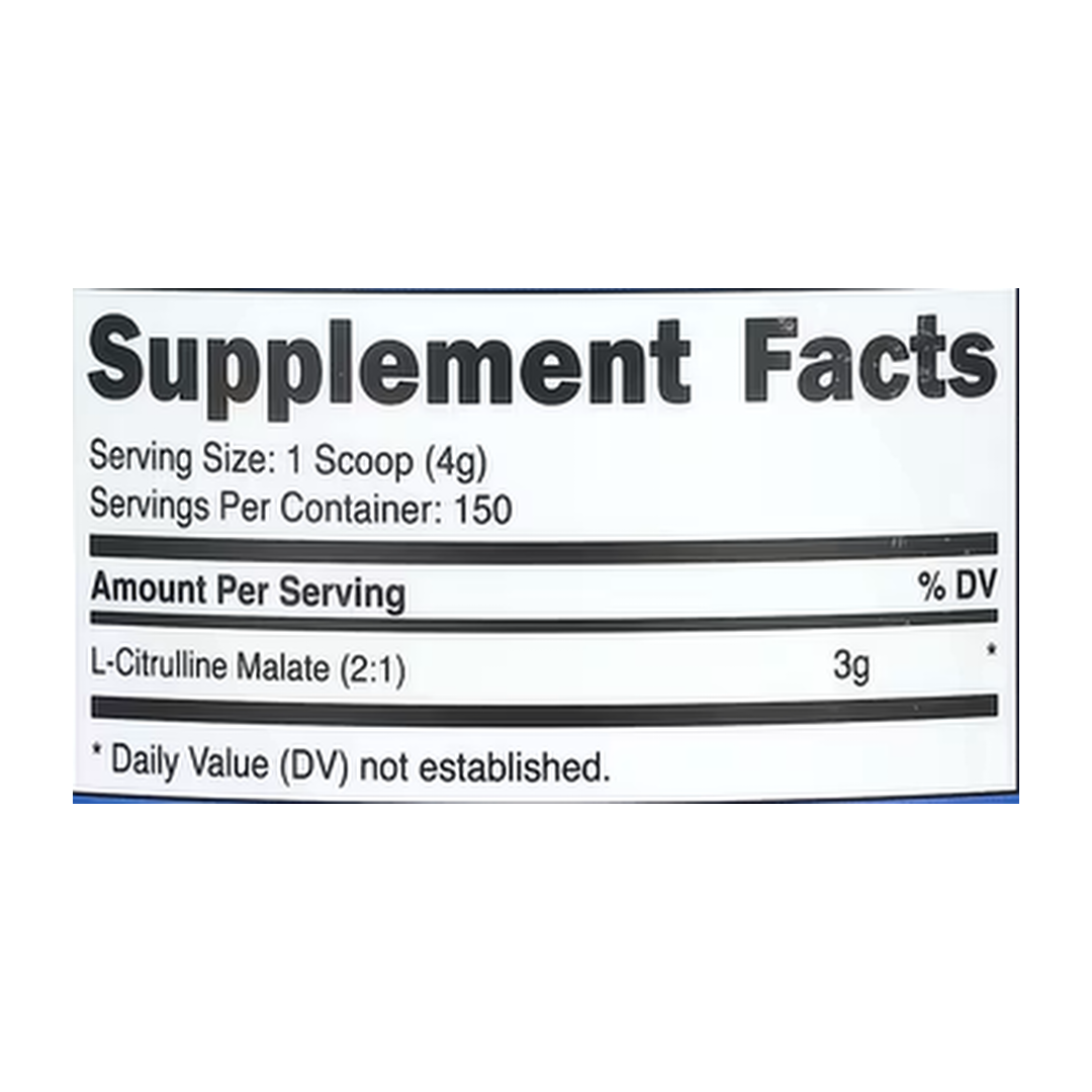 Nutricost, L-Citrulline Malate 2:1, Strawberry Kiwi, 21.4 oz, 600 g supplement facts label showing ingredients, vitamins, minerals, and serving information