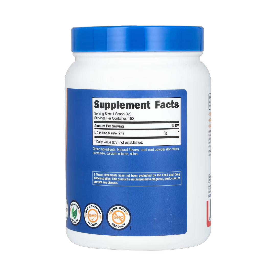 Nutricost, L-Citrulline Malate 2:1, Strawberry Kiwi, 21.4 oz, 600 g back packaging view