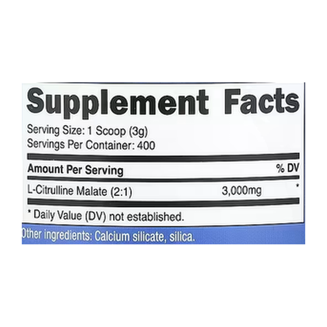 Nutricost, L-Citrulline Malate 2:1, Unflavored, 43.7 oz, 1.2 kg supplement facts label showing ingredients, vitamins, minerals, and serving information