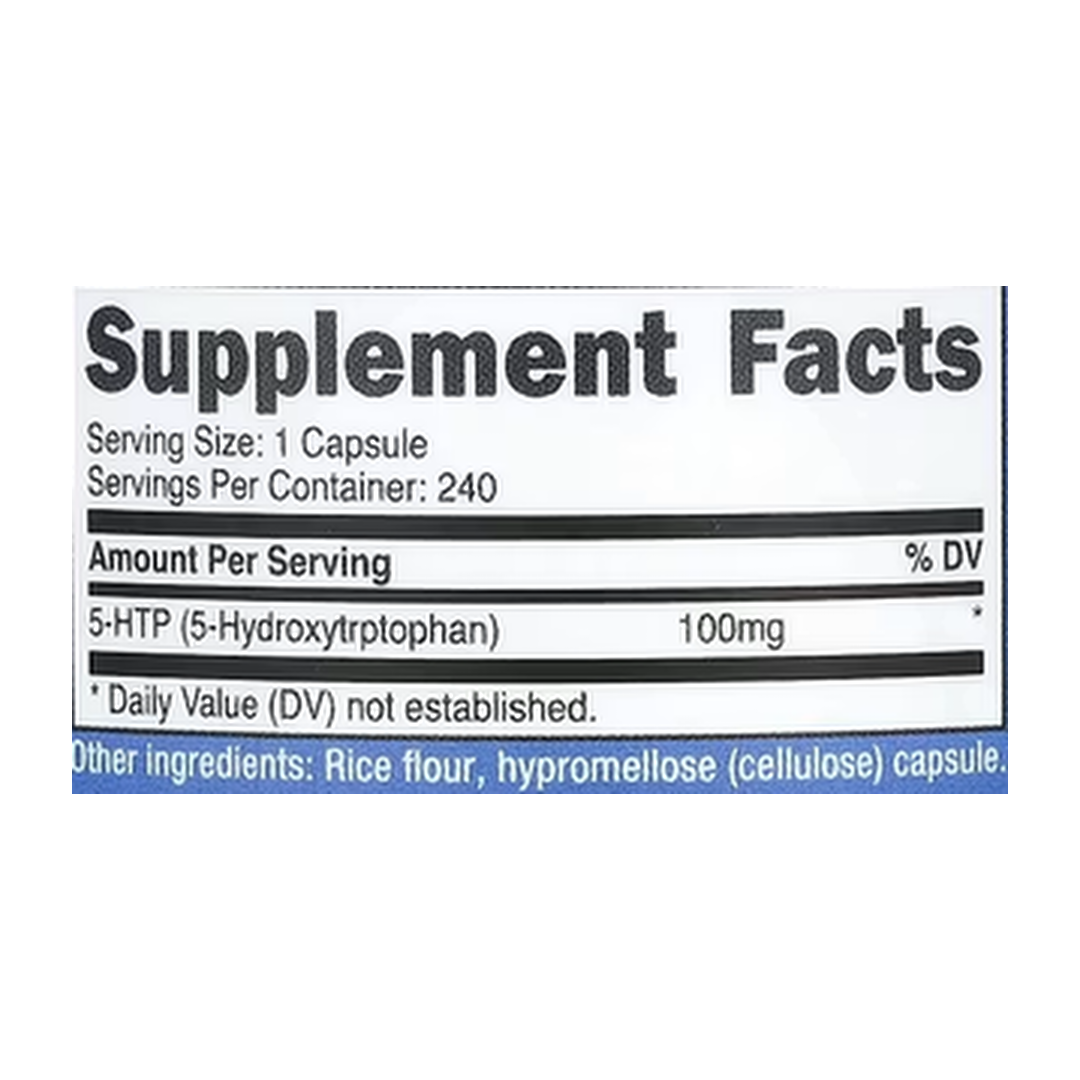 Nutricost, 5-HTP , 100 mg, 240 Capsules supplement facts label showing ingredients, vitamins, minerals, and serving information
