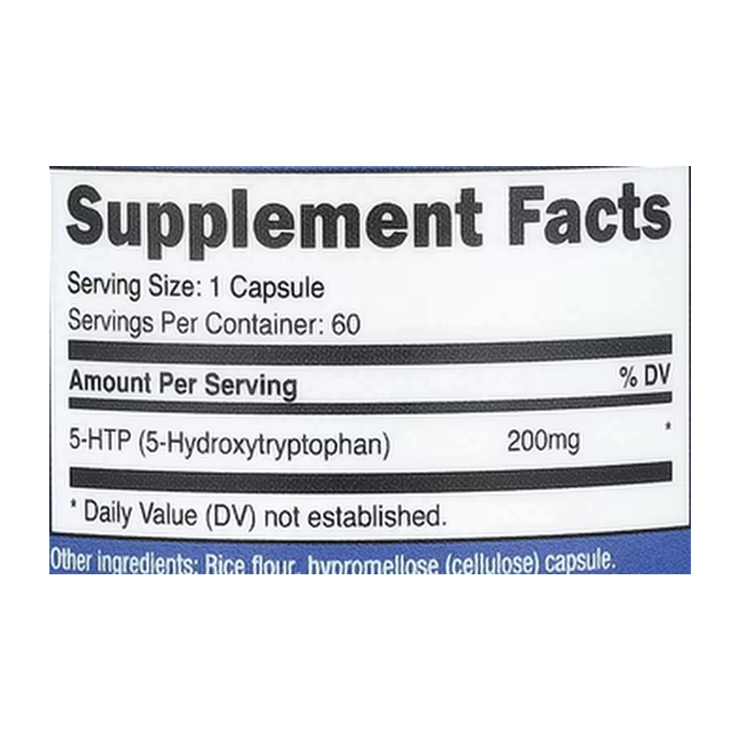 Nutricost, 5-HTP, 200 mg, 60 Capsules supplement facts label showing ingredients, vitamins, minerals, and serving information