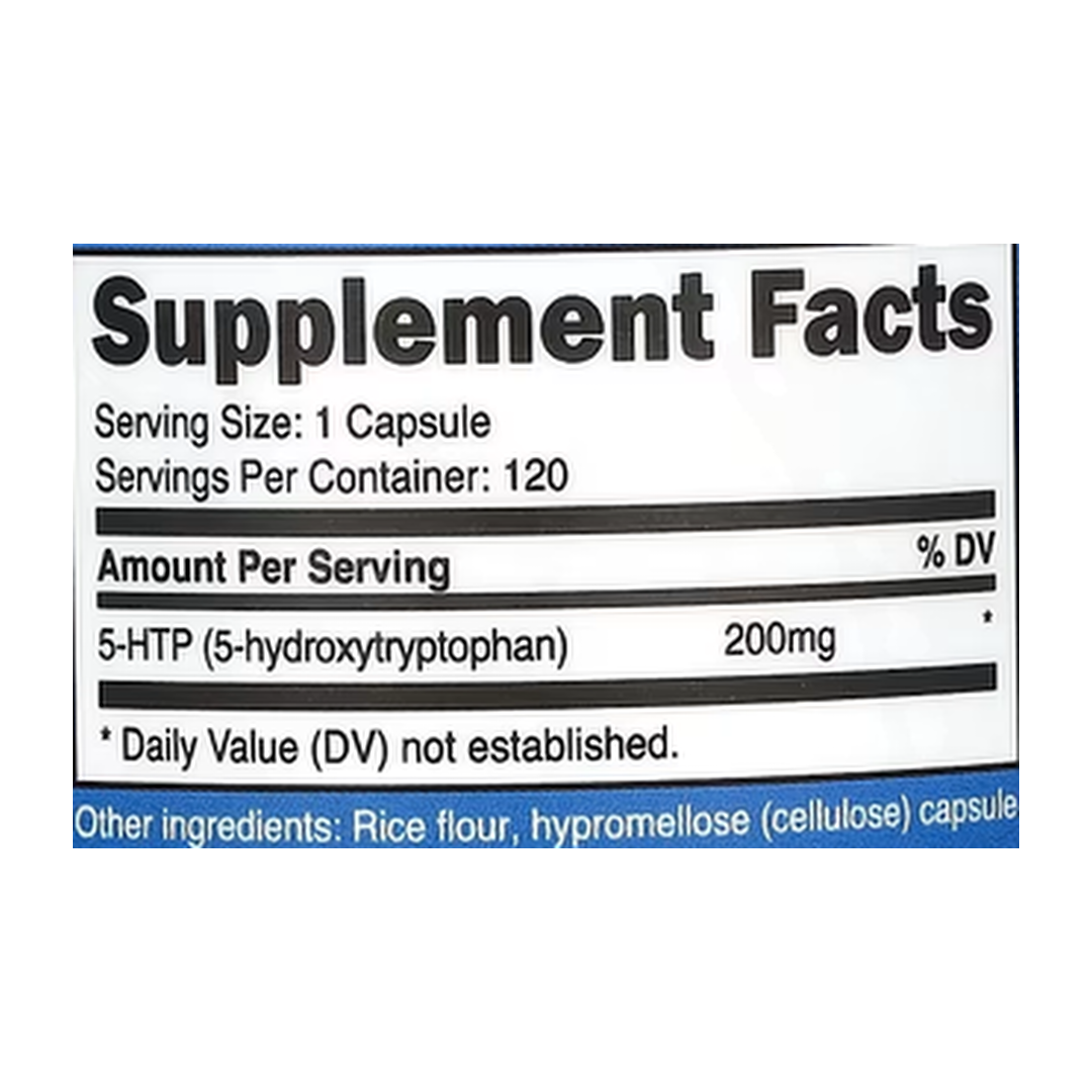 Nutricost, 5-HTP, 200 mg, 120 Capsules supplement facts label showing ingredients, vitamins, minerals, and serving information