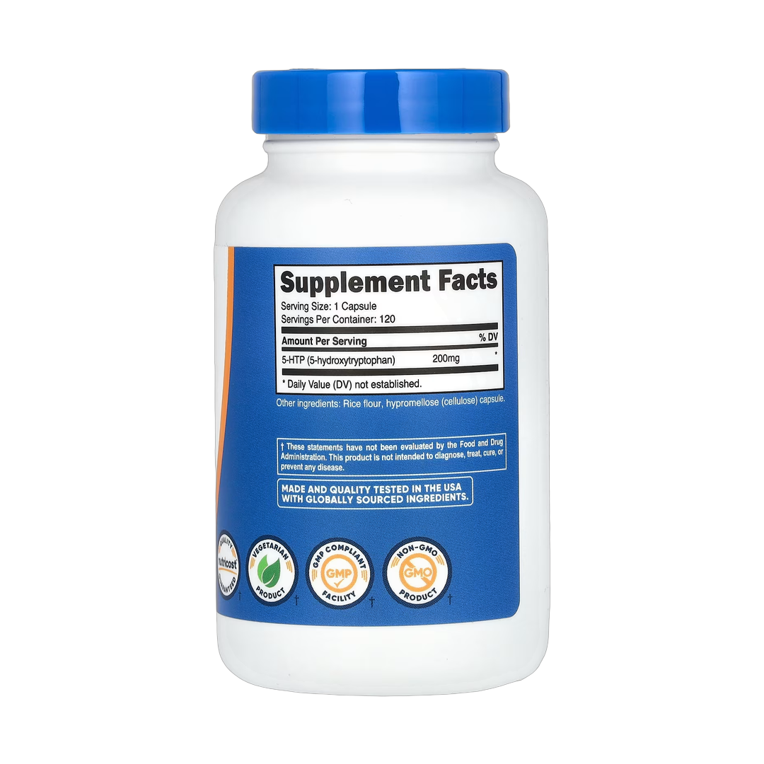 Nutricost, 5-HTP, 200 mg, 120 Capsules back packaging view