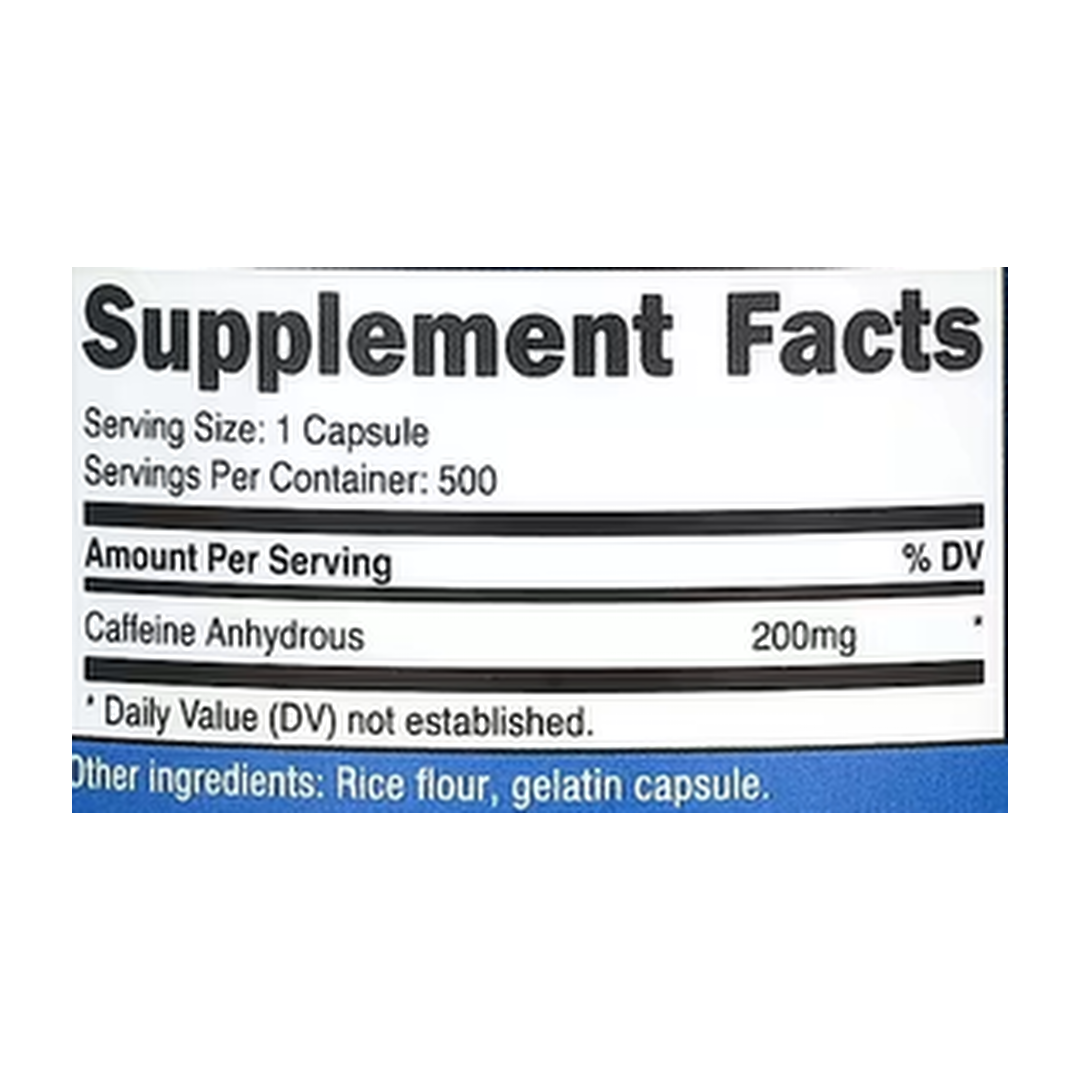 Nutricost, Caffeine, 200 mg, 500 Capsules supplement facts label showing ingredients, vitamins, minerals, and serving information