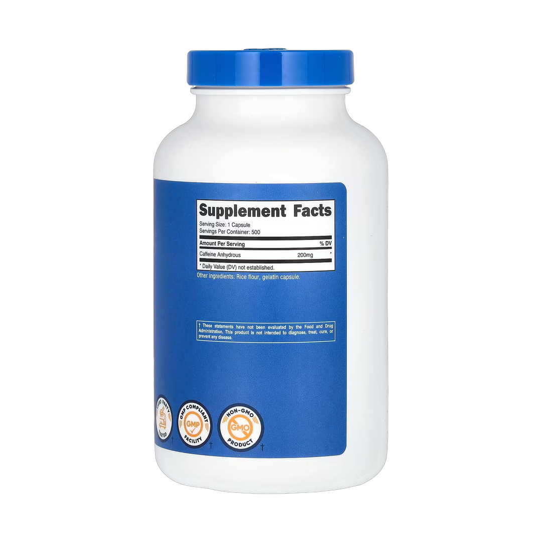 Nutricost, Caffeine, 200 mg, 500 Capsules back packaging view