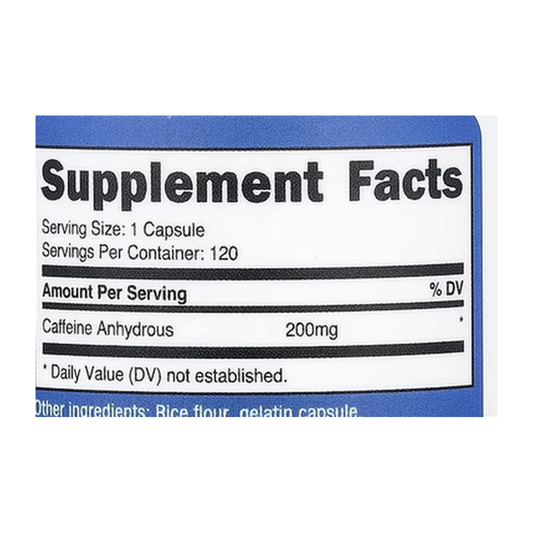 Nutricost, Caffeine, 200 mg, 120 Capsules supplement facts label showing ingredients, vitamins, minerals, and serving information