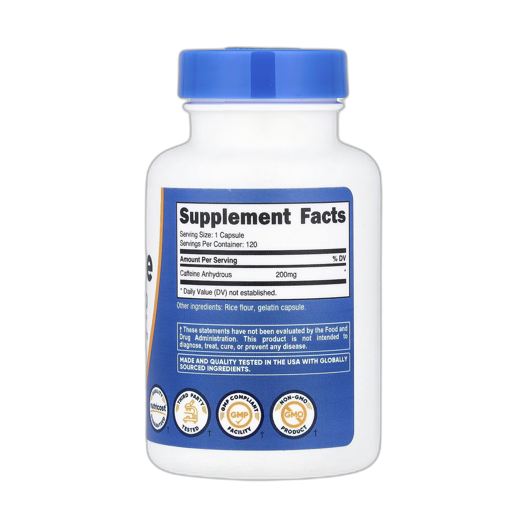 Nutricost, Caffeine, 200 mg, 120 Capsules back packaging view