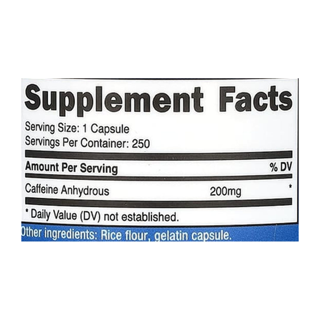 Nutricost, Caffeine , 200 mg , 250 Capsules supplement facts label showing ingredients, vitamins, minerals, and serving information