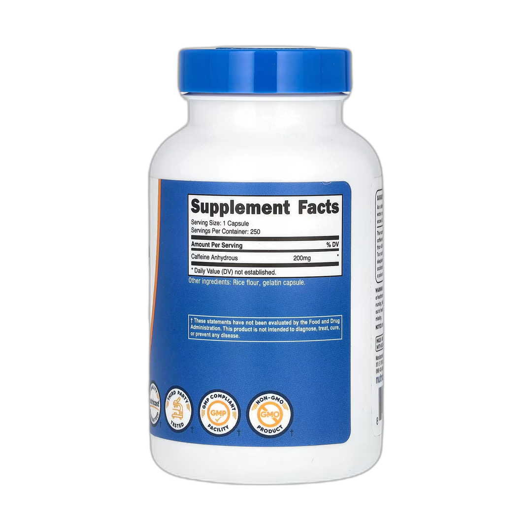 Nutricost, Caffeine , 200 mg , 250 Capsules back packaging view