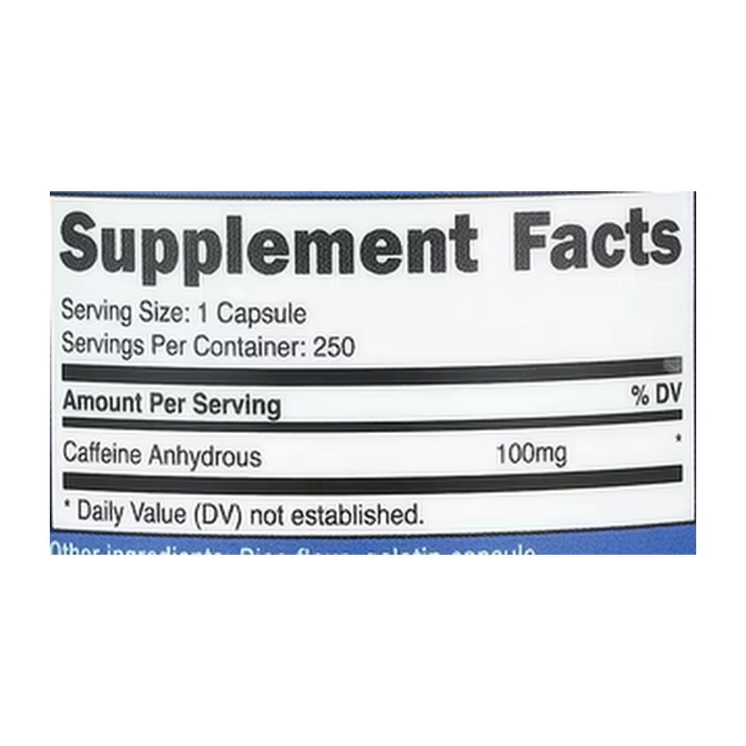 Nutricost, Caffeine, 100 mg, 250 Capsules supplement facts label showing ingredients, vitamins, minerals, and serving information