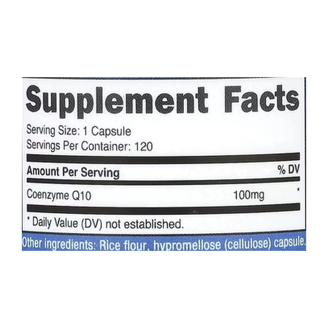 Nutricost, CoQ10, 100 mg, 120 Capsules supplement facts label showing ingredients, vitamins, minerals, and serving information