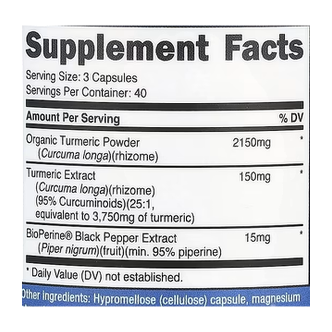 Nutricost, Turmeric, 120 Capsules supplement facts label showing ingredients, vitamins, minerals, and serving information